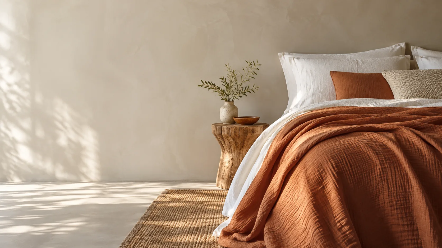 Cama con cubrecama de gasa terracota y almohadones blancos en un dormitorio cálido