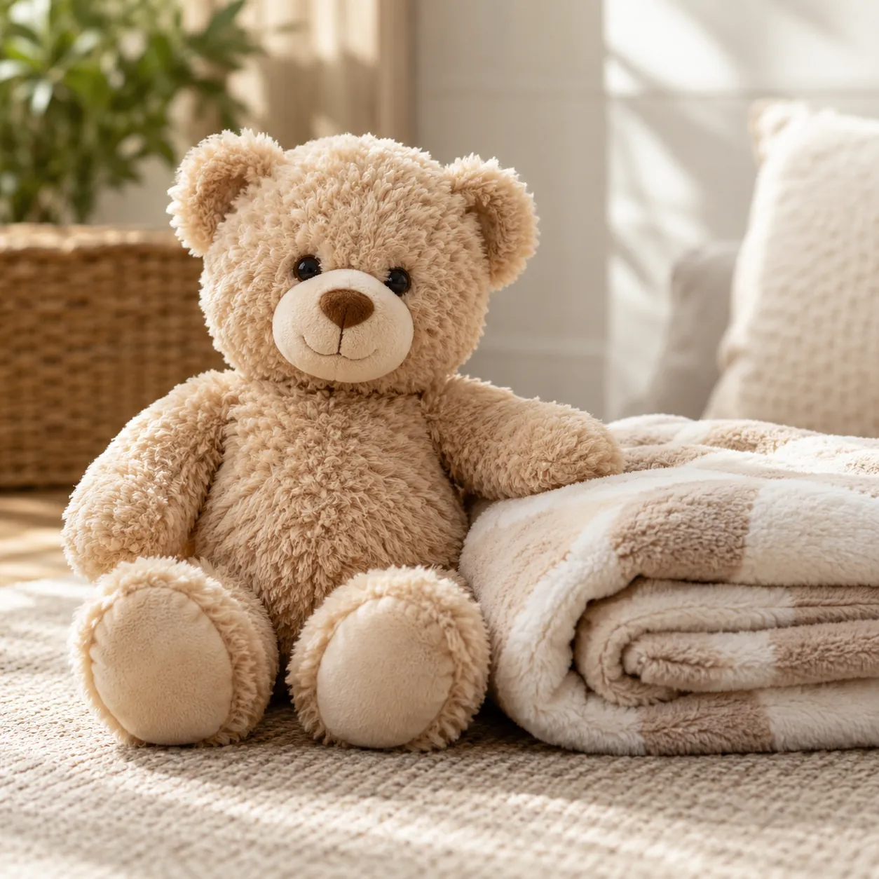 Oso de peluche color miel junto a una manta a cuadros beige